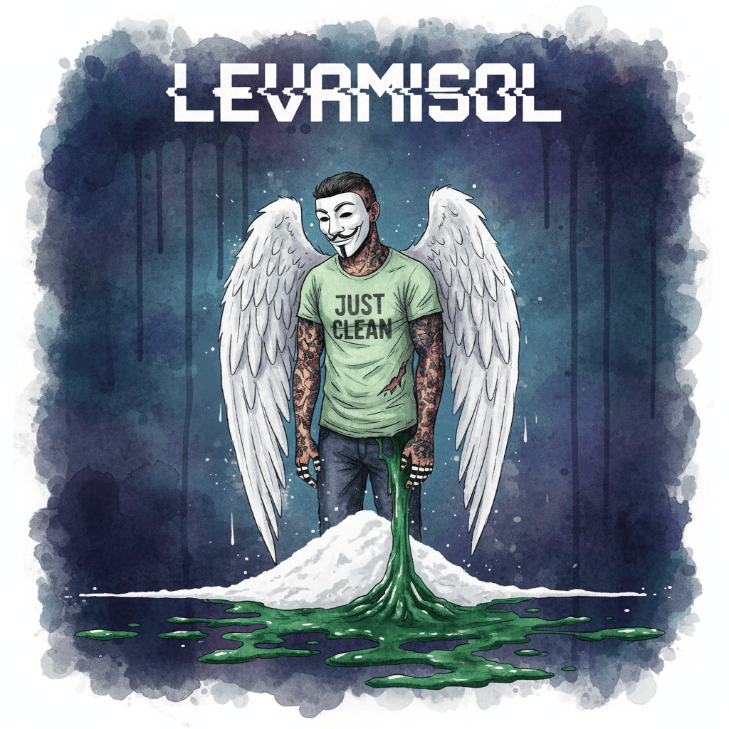 Titelbild zum Levamisol-Artikel. Die NeelixberliN-Figur steht auf gestrecktem Kokain, aus dem giftiges, grünes Levamisol quillt und Hautveränderungen (Vaskulitis) verursacht. Das Bild symbolisiert die Zerstörung des Immunsystems. Oben steht der Titel "LEVAMISOL".