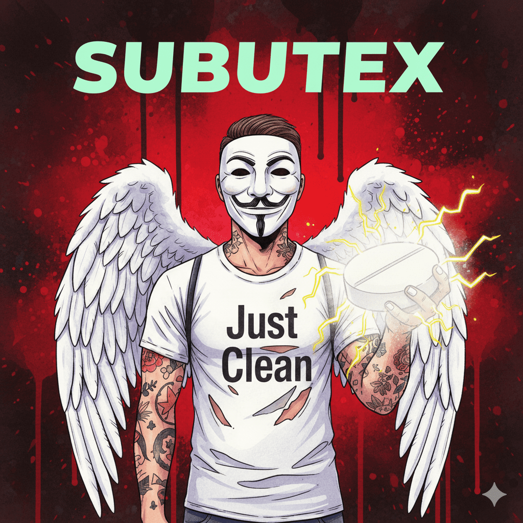 Titelbild zum Thema Subutex mit der NeelixberliN-Figur (Anonymous-Maske, Engelsflügel, "Just Clean"-Shirt). Die Figur hält eine leuchtende Tablette als Schutzschild gegen eine dunkle Bedrohung, umgeben von warnenden Blitzen. Oben steht der Titel "SUBUTEX".