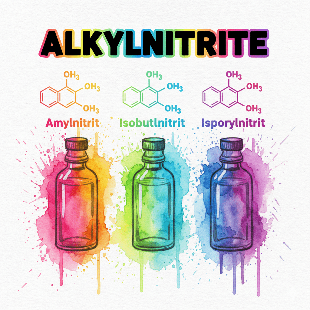 Drei farbige Fläschchen symbolisieren die verschiedenen Alkylnitrite (Amylnitrit, Isobutylnitrit, Isopropylnitrit), die als Poppers bekannt sind.