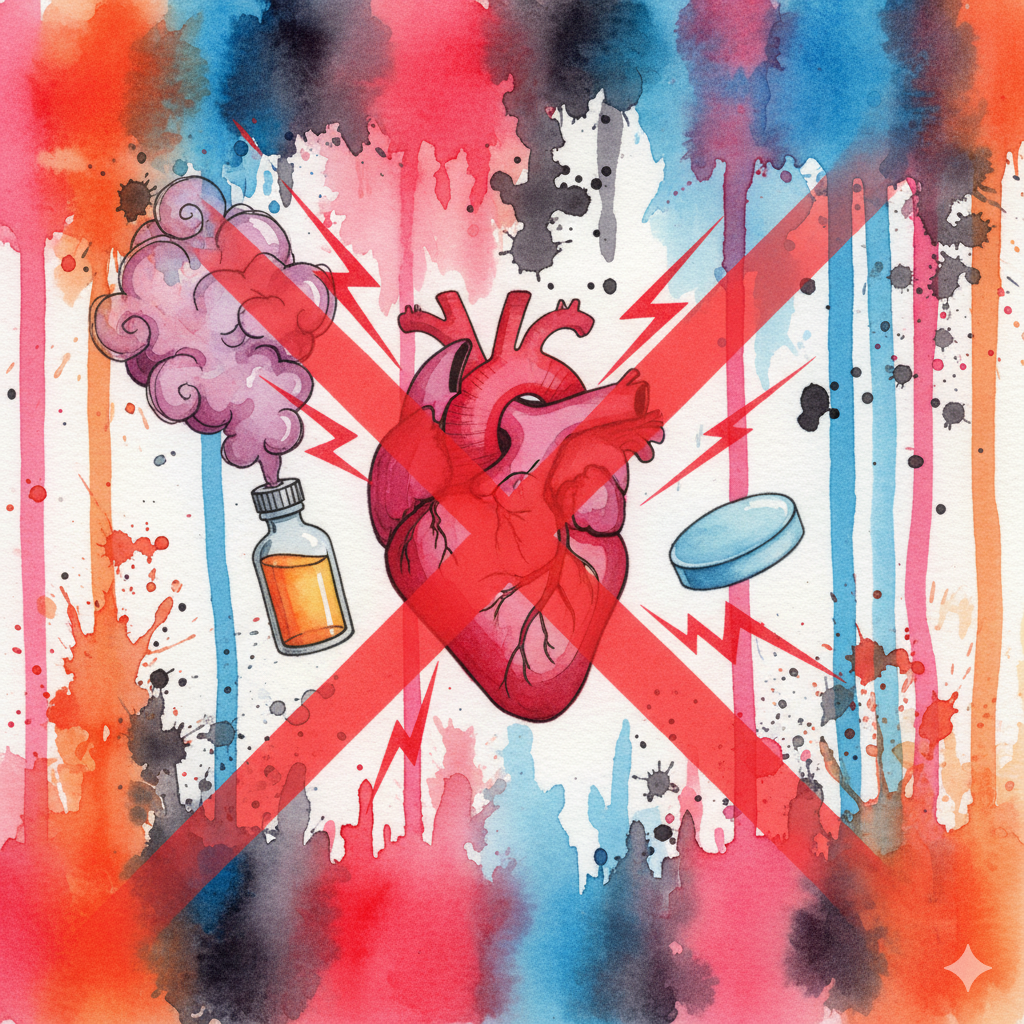 Warnung vor der tödlichen Kombination von Poppers und Potenzmitteln, symbolisiert durch ein Herz, das von Blitzen und einem roten X-Balken zwischen den Substanzen bedroht wird.
