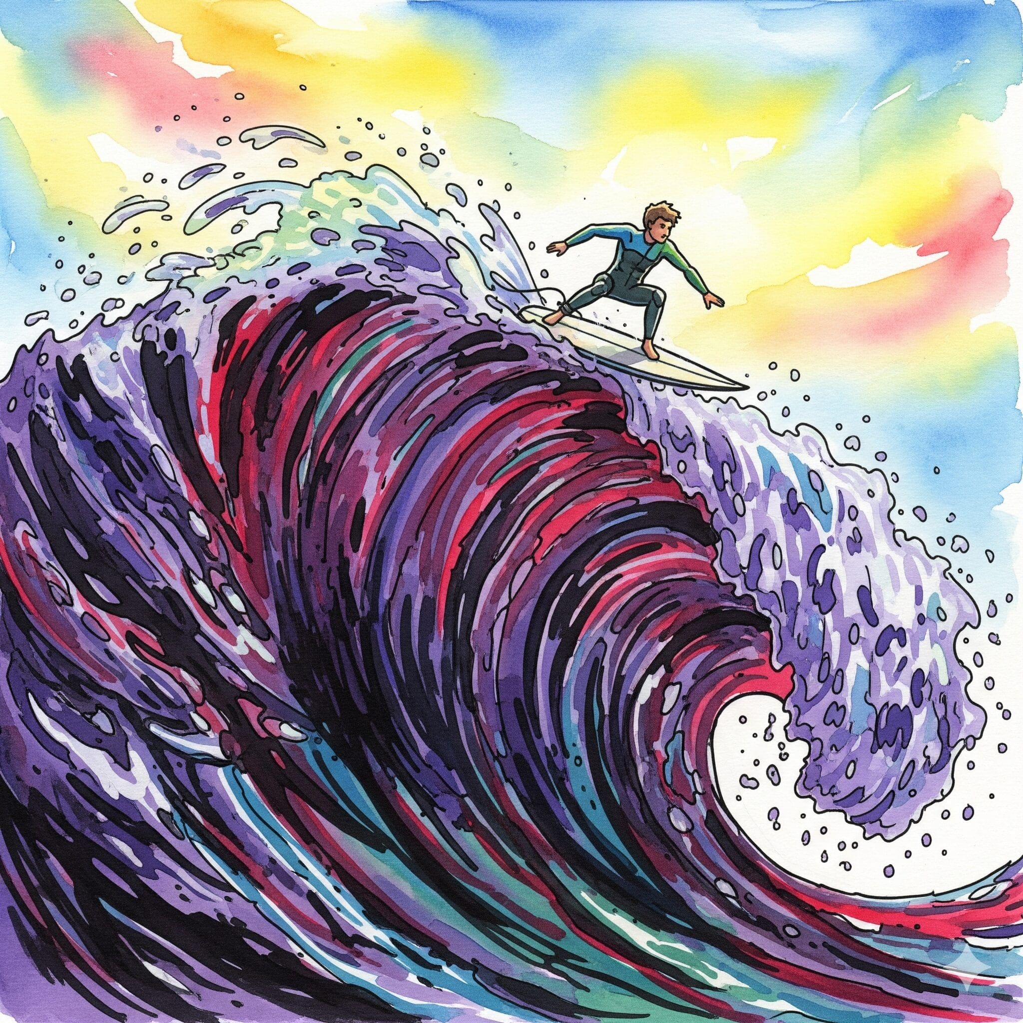 Symbolische Darstellung der Bewältigung von Suchtdruck, bei der eine Person lernt, die Welle des Cravings zu surfen, anstatt unterzugehen.