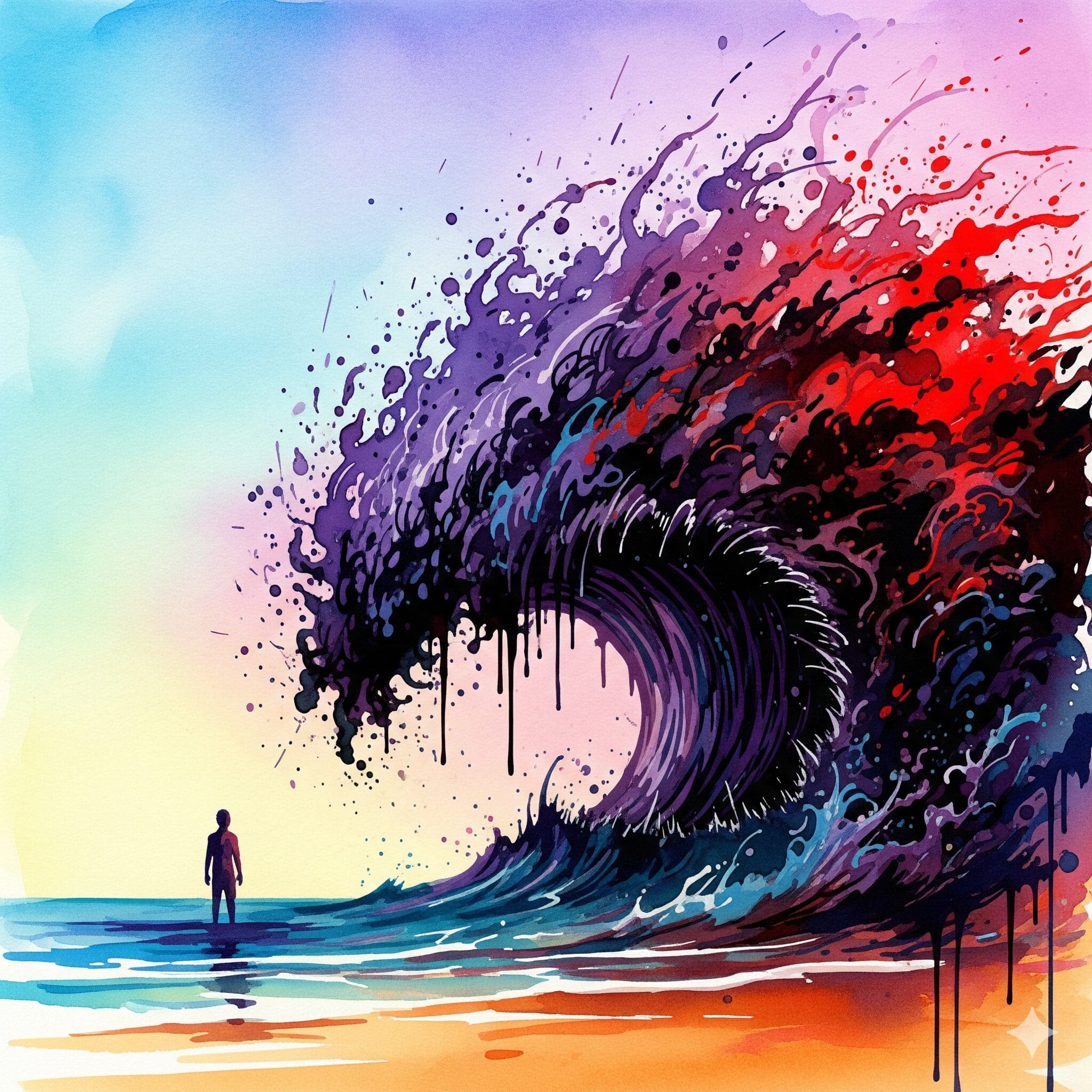 Künstlerische Darstellung von Suchtdruck (Craving) als eine riesige, überwältigende Welle, die kurz davor ist, eine Person zu überrollen.