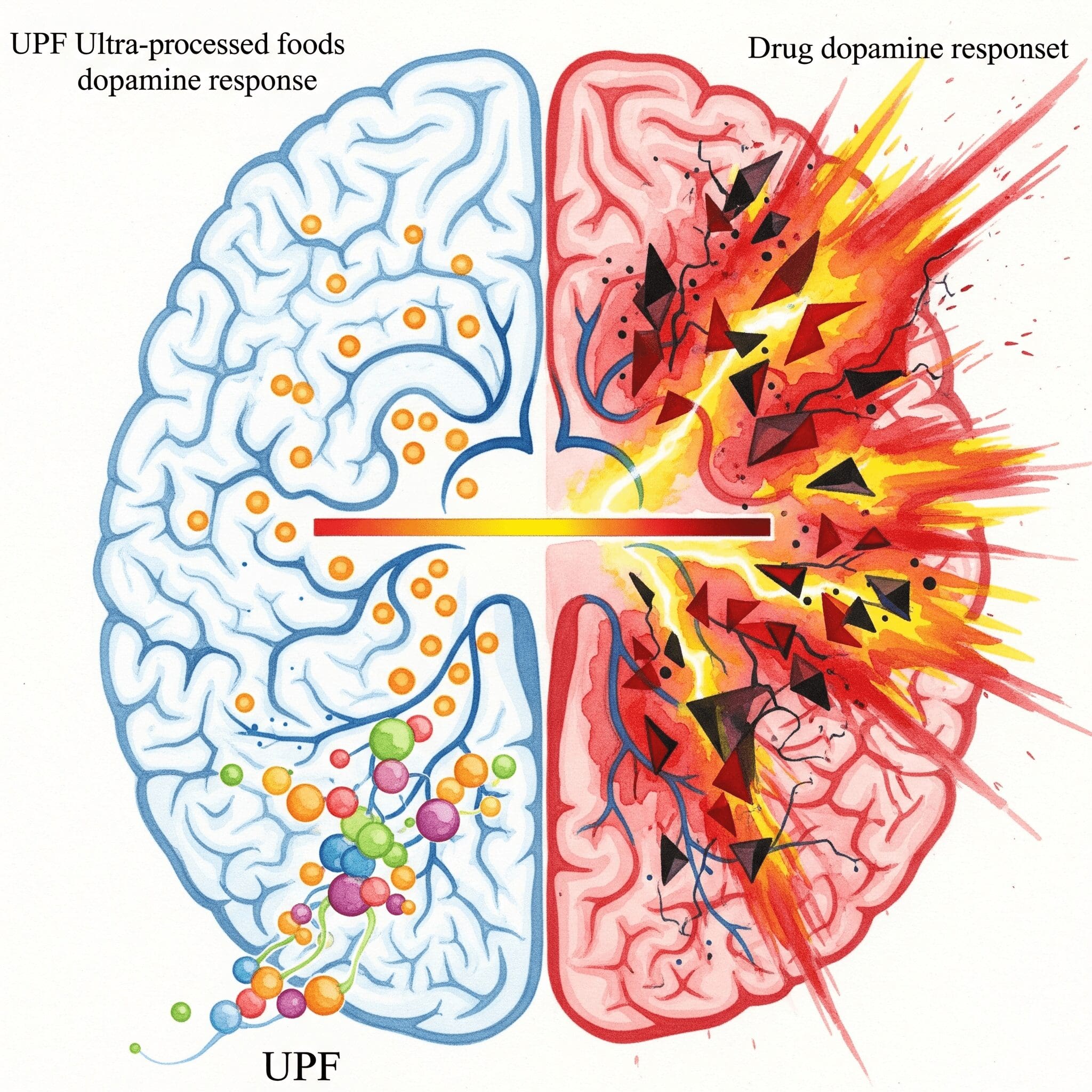 Dopamin System UPF vs Drogen Intensität Vergleich Gehirn Querschnitt Neurotransmitter Unterschiede wissenschaftliche Darstellung
