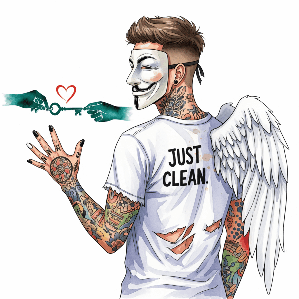 Eine stilisierte Grafik einer Person, die einer anderen Person einen Schlüssel in Form eines Herzens überreicht. Symbolisiert die Abgabe der Kontrolle über das eigene Glück. "emotionale Abhängigkeit", "Kontrolle in Beziehung abgeben", "Beziehungssucht"