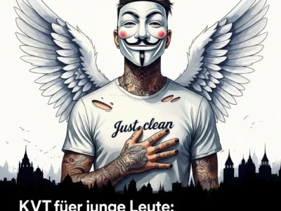 Ein junger Mensch (divers) sitzt entspannt auf einer Wiese, schaut nachdenklich, aber positiv in die Ferne. Vielleicht mit stilisierten, bunten "Gedankenblasen" 💭, die sich von Grau zu Bunt wandeln. Keywords für Bild-Alt-Text: "KVT junge Leute Gedanken positive Veränderung"