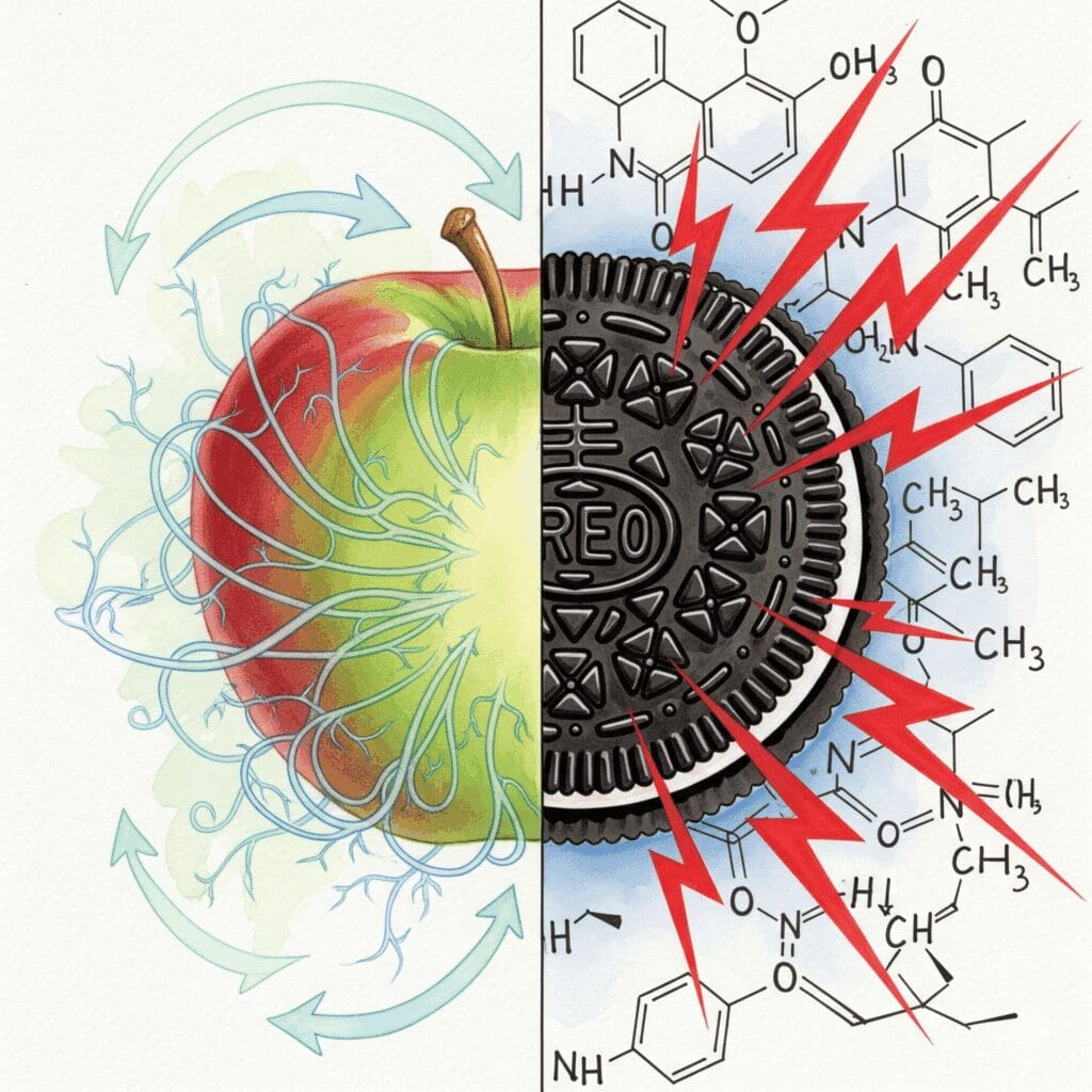 Natürlicher Zucker Apfel vs Ultra processed foods Oreo Vergleich Ballaststoffe schnelle Absorption industriell verarbeitet