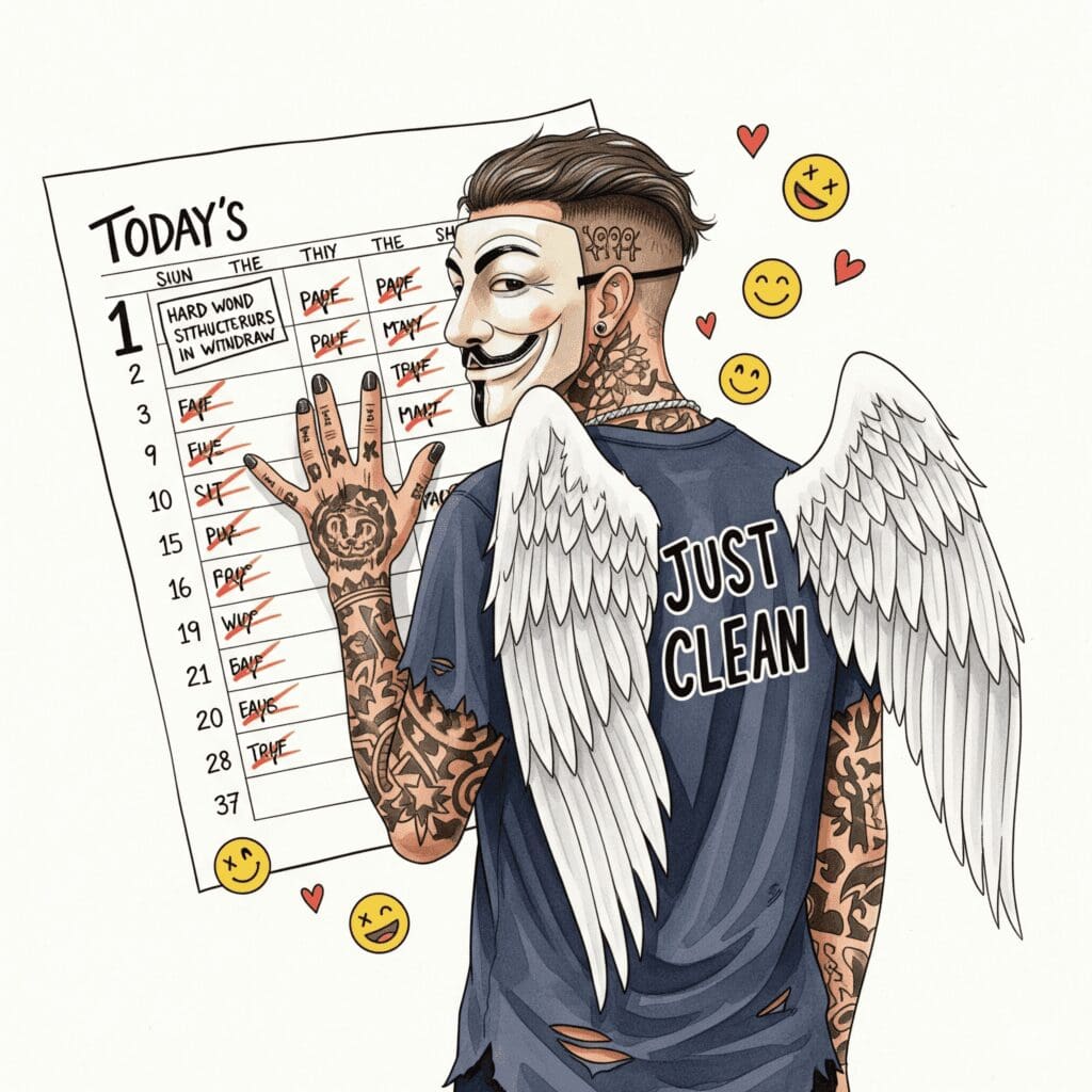 Ein Kalenderblatt mit dem heutigen Datum. Das Blatt ist voll mit durchgestrichenen To-Do-Punkten, aber auch mit kleinen, handgezeichneten Smileys und Herzen. Symbolisiert einen harten, aber bewältigten und letztendlich positiven Tag. "Alltag in der Recovery", "kleine Erfolge feiern", "Struktur im Entzug"