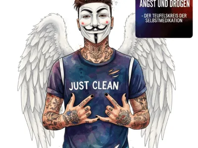 Bild in bunten Watercolor Farben mit einem sportlichen jungen tätowierten Mann. Er hat schwarz weiß lackierte Fingernägel und weiße Engelsflügel am Rücken. Zusätzlich hat er eine Anonymous Maske auf. Auf seinem zerfranzten T-Shirt steht "Just clean" Man sieht Werbung für seine Spotify Podcast Folge: Angst und Drogen - Der Teufelskreis der Selbstmedikation. Podcast und Artikel Titelbild
