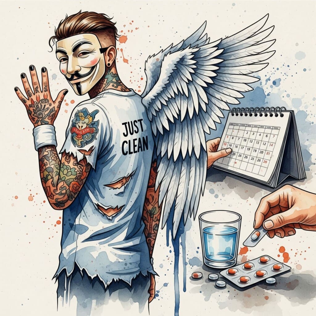 Eine Person schaut auf einen Kalender und nimmt eine Tablette aus einem Blister mit einem Glas Wasser. Symbolisiert die tägliche Routine und die Disziplin der Einnahme. "Acamprosat Einnahme", "Medikament gegen Alkoholsucht", "tägliche Routine Recovery"