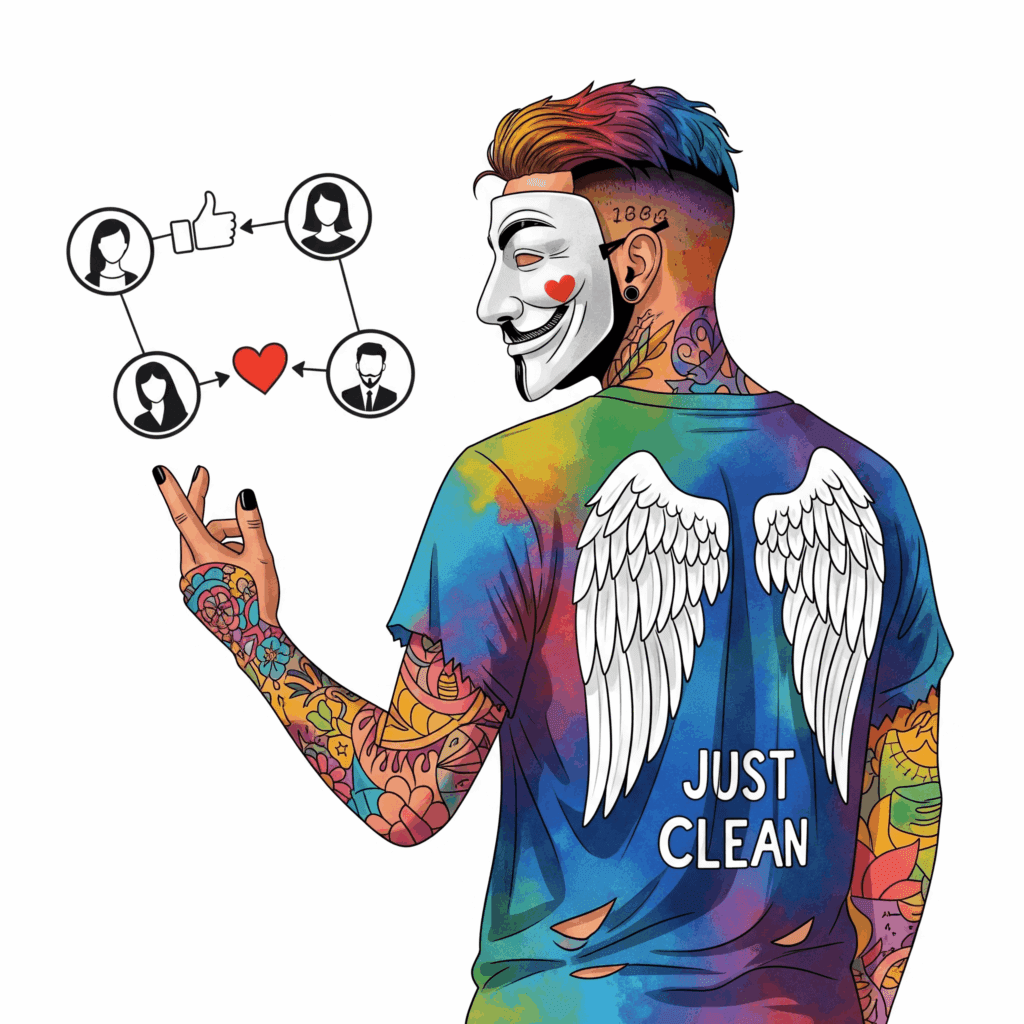 Eine stilisierte Grafik von anonymen Profilbildern, die durch Linien verbunden sind und sich gegenseitig "Herz"- oder "Daumen hoch"-Symbole schicken. Symbolisiert die unterstützende Online-Community. "I Am Sober Community", "Online Selbsthilfegruppe", "Unterstützung bei Sucht"