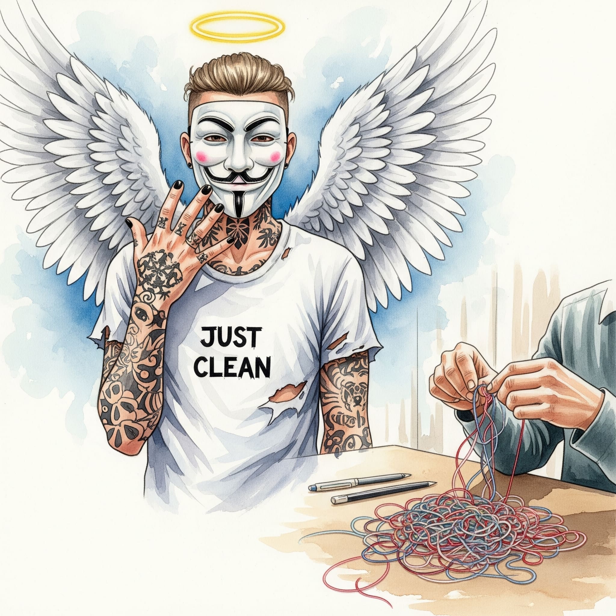 Eine Person, die an einem Schreibtisch sitzt und einen verworrenen Faden (Symbol für Gedanken) entwirrt und ordnet.
Keywords für Bild-Alt-Text: "KVT Gedanken ordnen negative Muster"