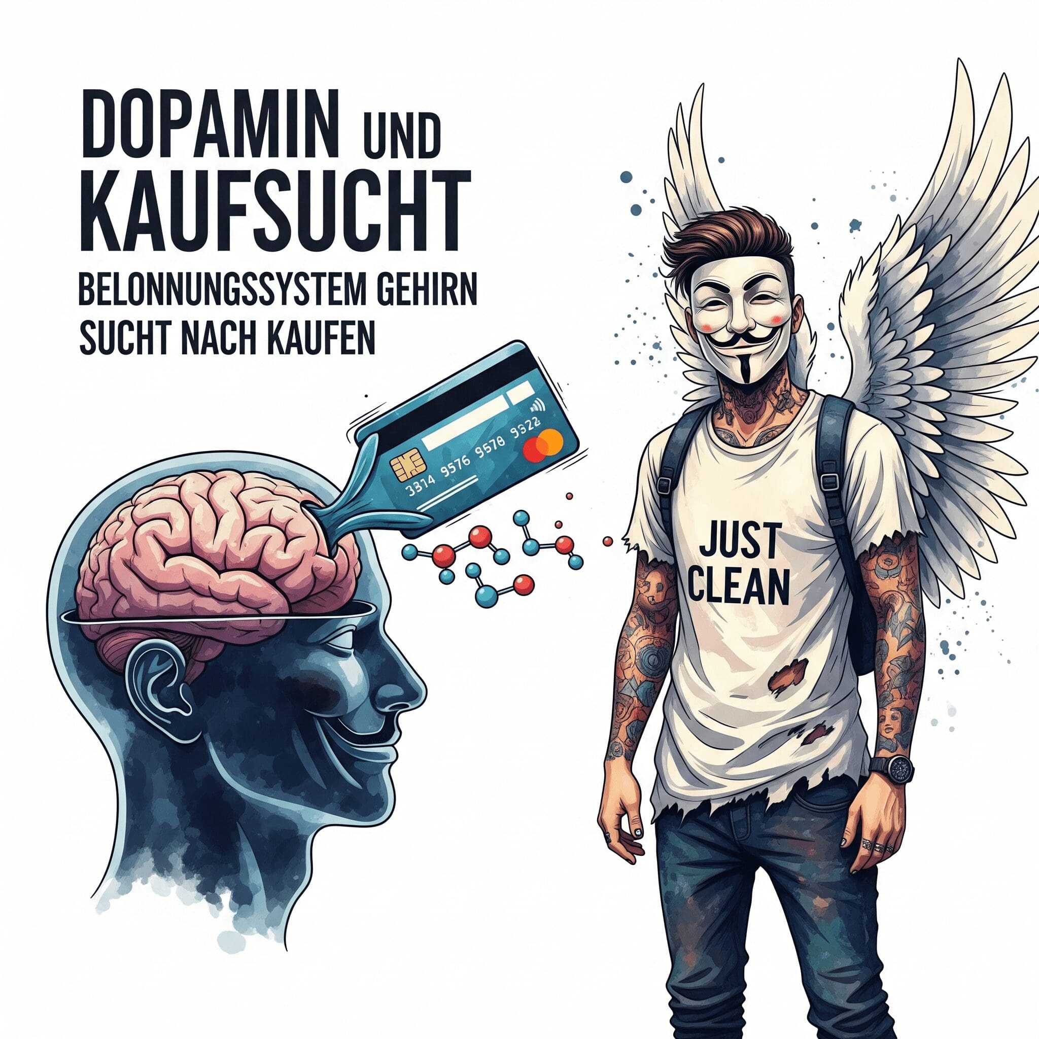 Eine stilisierte Grafik einer Kreditkarte, die durch ein Gehirn gezogen wird. Bei jedem Durchziehen wird ein Dopamin-Molekül freigesetzt. Symbolisiert den neurobiologischen Suchtmechanismus.  "Dopamin und Kaufsucht", "Belohnungssystem Gehirn", "Sucht nach Kaufen"