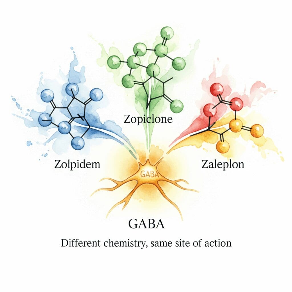 Z Drugs molekulare Struktur GABA Rezeptor Wirkort Zolpidem Zopiclon Zaleplon unterschiedlich Chemie gleicher Effekt