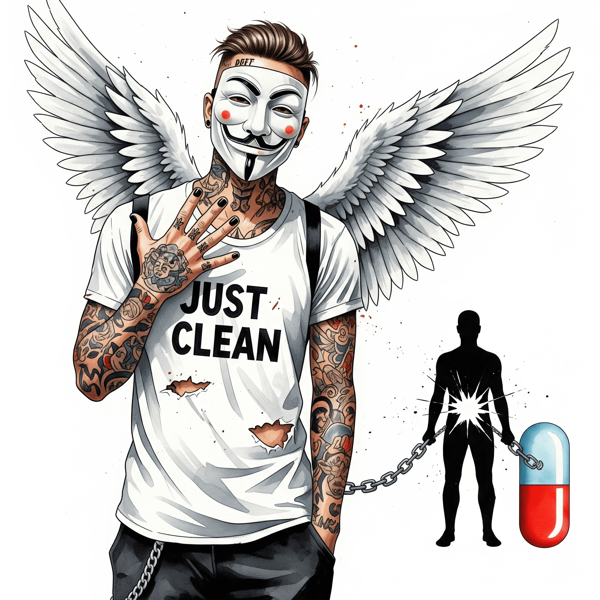 Eine Grafik, die eine menschliche Silhouette zeigt, die von schweren Ketten gehalten wird, die zu einem Pillen-Symbol führen. Symbolisiert die starke körperliche Abhängigkeit. "Opioidabhängigkeit", "Levomethadon Entzug", "körperliche Abhängigkeit"