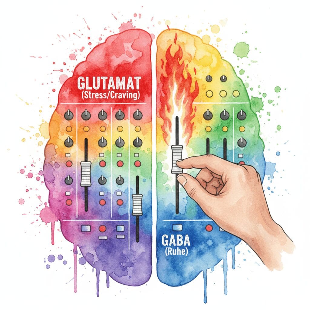 Künstlerische Darstellung der Wirkung von Acamprosat, das das neurochemische Gleichgewicht von Glutamat und GABA im Gehirn wiederherstellt.