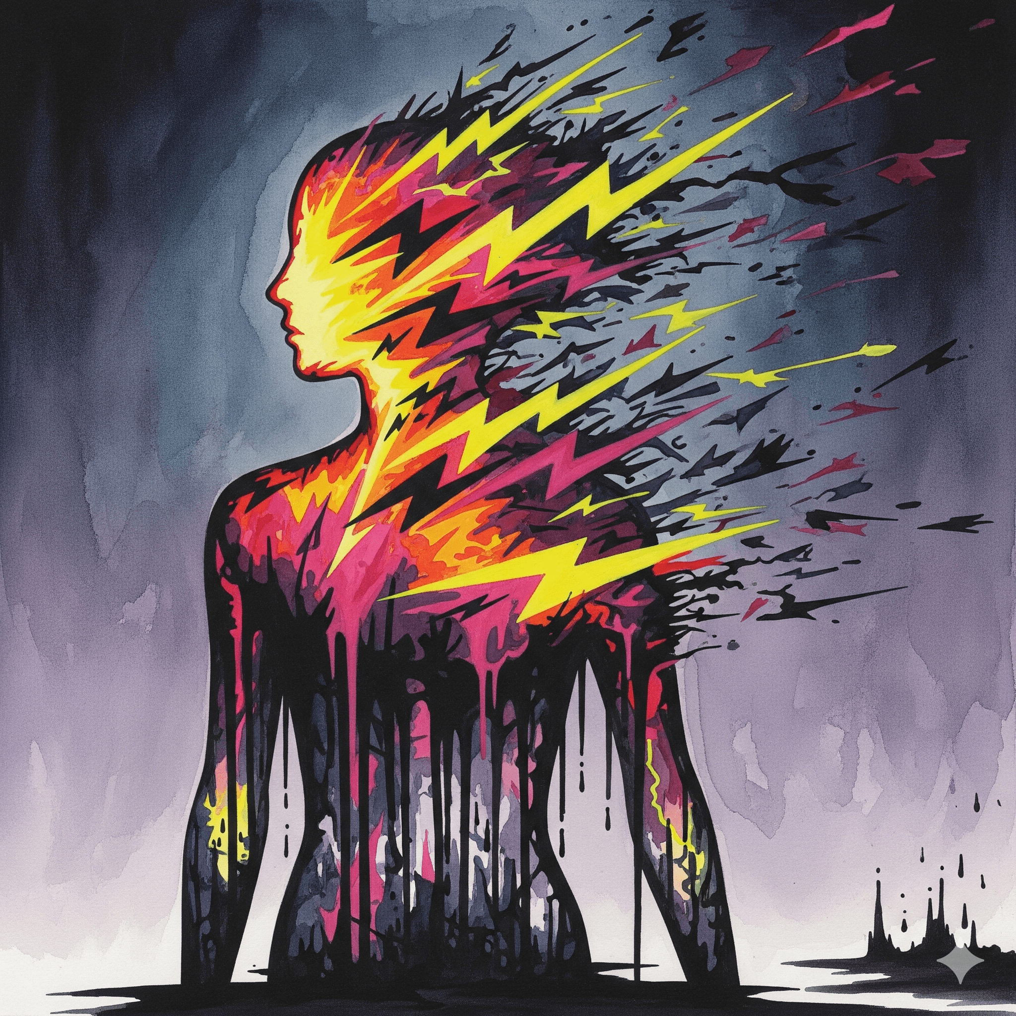 Abstrakte Darstellung des qualvollen Entzugs von Alprazolam (Xanax) in aggressiven, zerlaufenden Watercolor-Farben, die Schmerz und Chaos visualisieren.