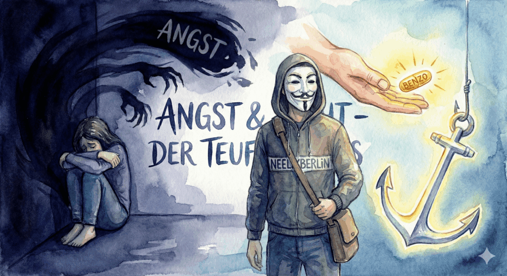 Titelbild "Angst & Sucht". Person in Angst greift nach einer Pille am Angelhaken.