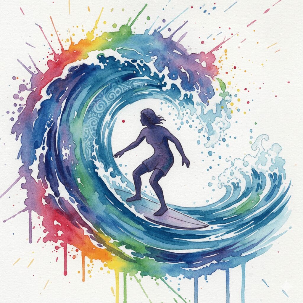 Eine Person surft auf einer riesigen Tsunami-Welle. Symbol für die Emotionsregulation (DBT) bei Borderline, das Gefühl zu reiten, statt darin zu ertrinken.