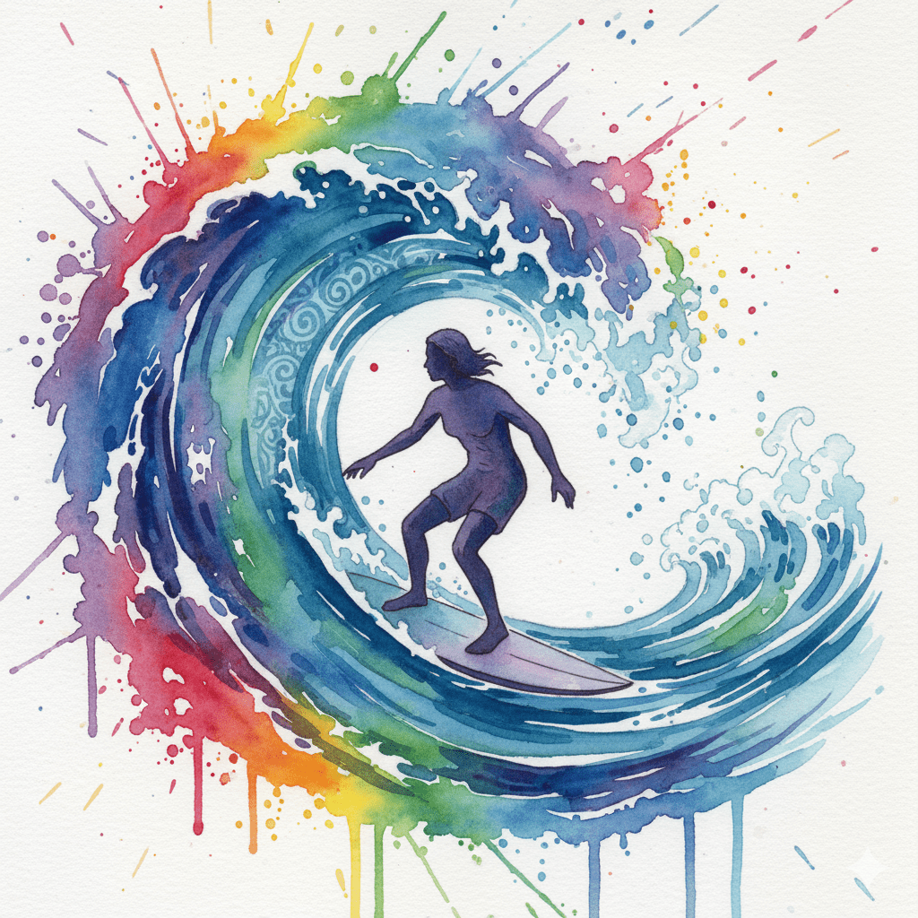 Eine Person surft auf einer riesigen Tsunami-Welle. Symbol für die Emotionsregulation (DBT) bei Borderline, das Gefühl zu reiten, statt darin zu ertrinken.