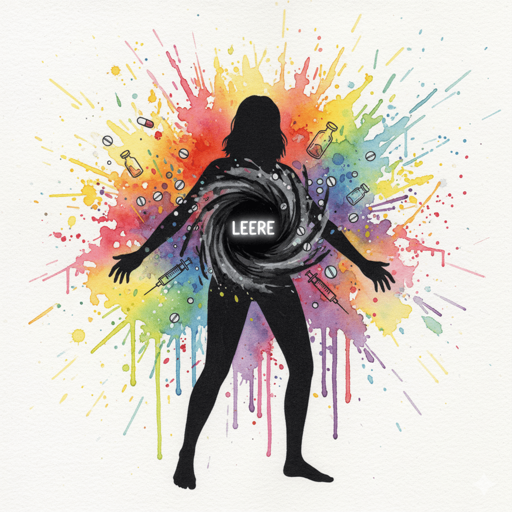 Eine Person versucht, Drogen in ein "Schwarzes Loch" in ihrer Brust zu werfen, das "LEERE" symbolisiert. Metapher für Borderline und Sucht als Selbstmedikation.