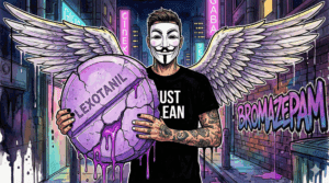 NeelixberliN-Figur mit Anonymous-Maske hält eine bröckelnde lila Bromazepam Tablette. Graffiti Hintergrund mit Schriftzug BROMAZEPAM. Symbolbild für Benzodiazepin-Abhängigkeit.