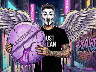 NeelixberliN-Figur mit Anonymous-Maske hält eine bröckelnde lila Bromazepam Tablette. Graffiti Hintergrund mit Schriftzug BROMAZEPAM. Symbolbild für Benzodiazepin-Abhängigkeit.