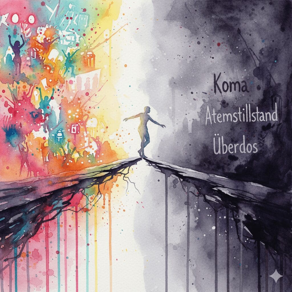 Symbolische Darstellung der extremen Überdosierungsgefahr von GHB/GBL bei Chemsex als schmaler Grat zwischen Rausch und Koma.