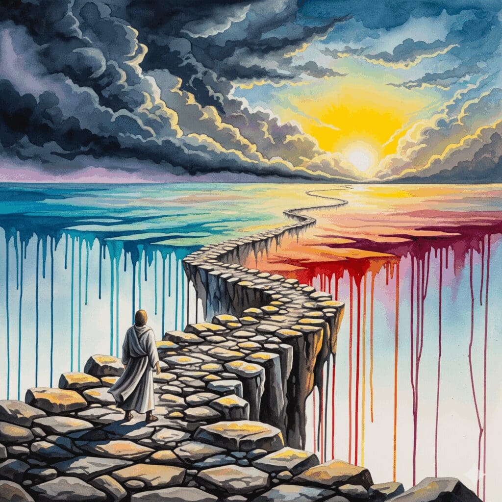 Künstlerische Darstellung des langen und schweren Entzugs von Benzodiazepinen wie Diazepam, symbolisiert durch einen langen, gewundenen Pfad zum Horizont.