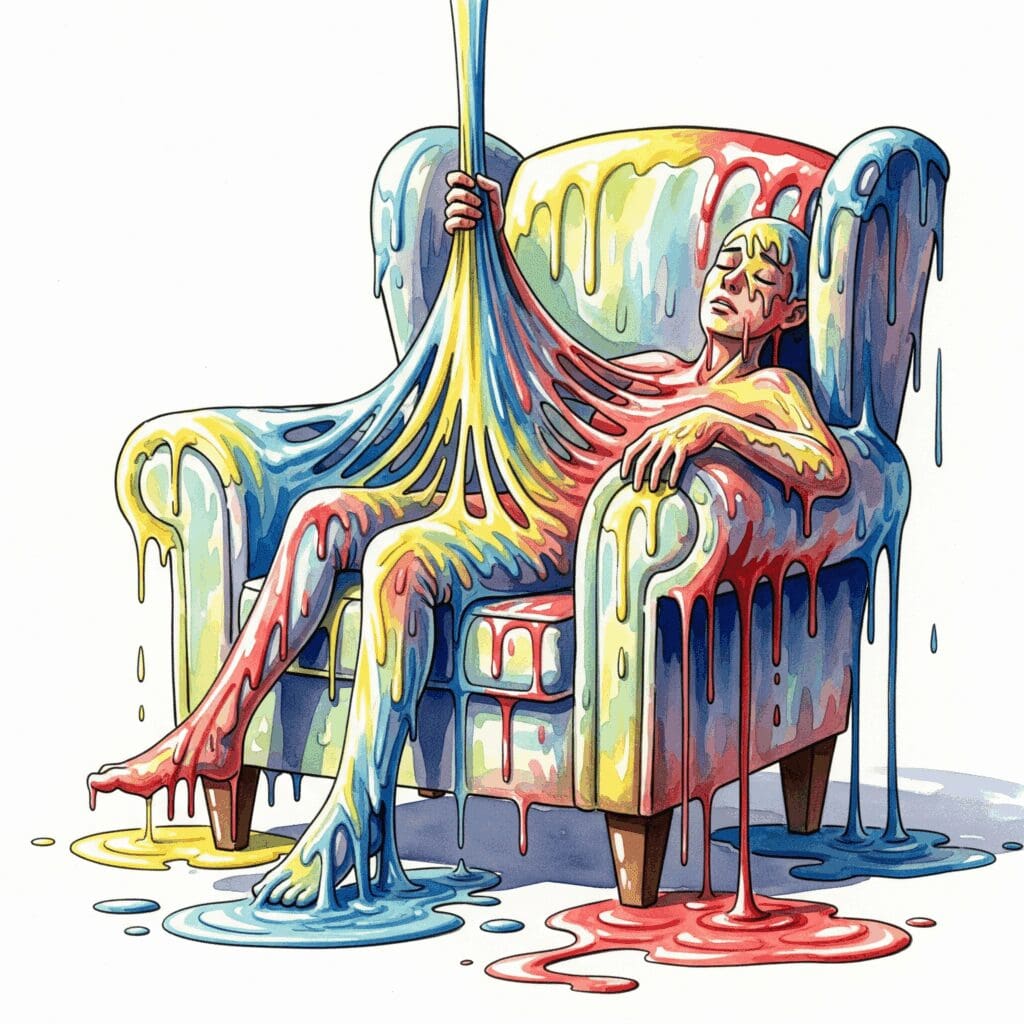 Symbolische Darstellung der schleichenden Sucht durch Diazepam, gezeigt als eine Person, die in einem bequemen Sessel versinkt, der sich als Falle entpuppt, gemalt in Watercolor-Farben.