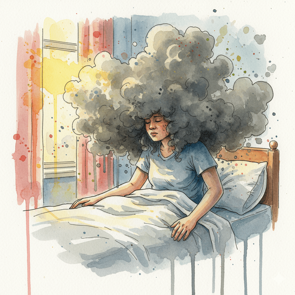 Symbolische Darstellung des "Katers" nach Antihistaminika-Missbrauch, bei dem sich der Kopf am nächsten Tag wie in einem dichten Nebel anfühlt.