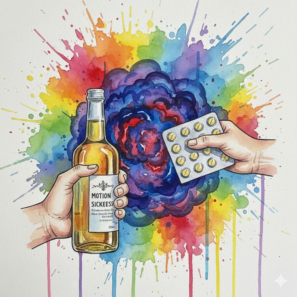 Symbolische Darstellung der lebensgefährlichen Kombination von Antihistaminika (DPH) und Alkohol, die das Risiko einer Atemdepression massiv erhöht.