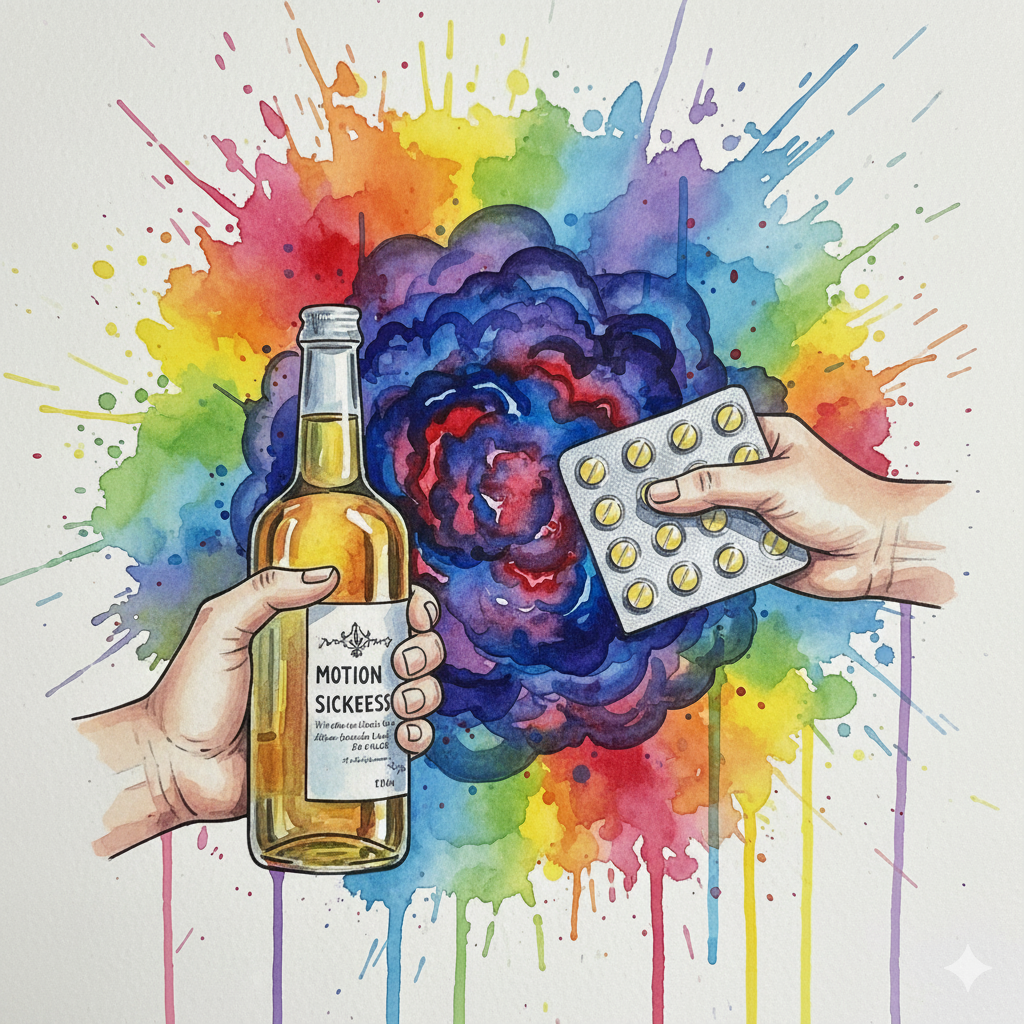 Symbolische Darstellung der lebensgefährlichen Kombination von Antihistaminika (DPH) und Alkohol, die das Risiko einer Atemdepression massiv erhöht.