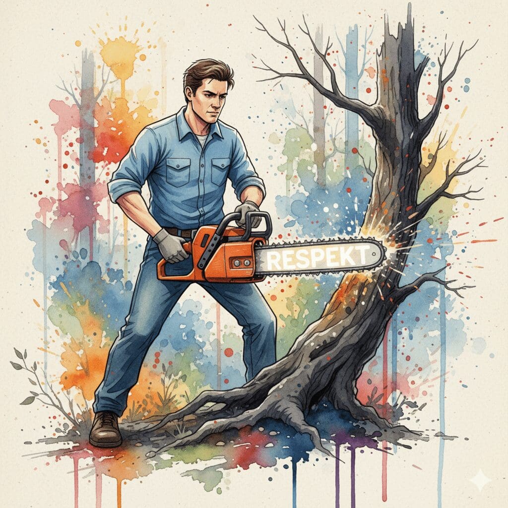 Eine Person, die eine Kettensäge mit Respekt und Vorsicht hält, als Symbol für den verantwortungsvollen Umgang mit der mächtigen EMDR-Therapie.