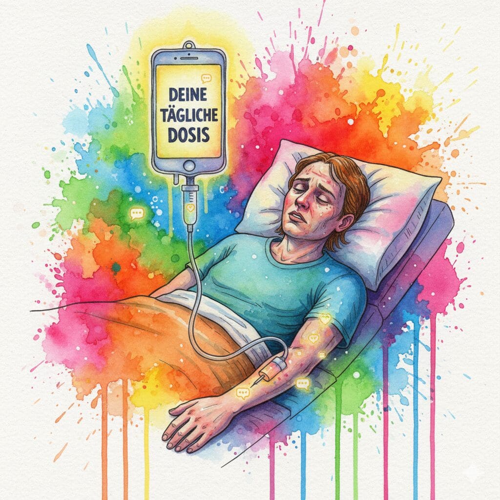 Eine Person, die an einem Tropf mit Herzen und Textnachrichten hängt, als Symbol für emotionale Abhängigkeit und "Liebessucht".