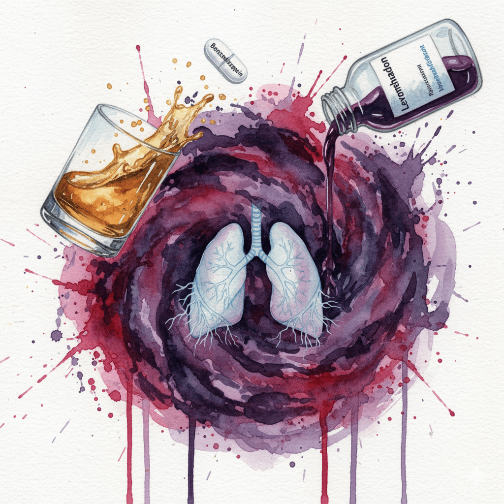 Symbolische Darstellung der tödlichen Gefahr von Mischkonsum von Levomethadon mit Alkohol oder Benzodiazepinen, die zu Atemstillstand führt.