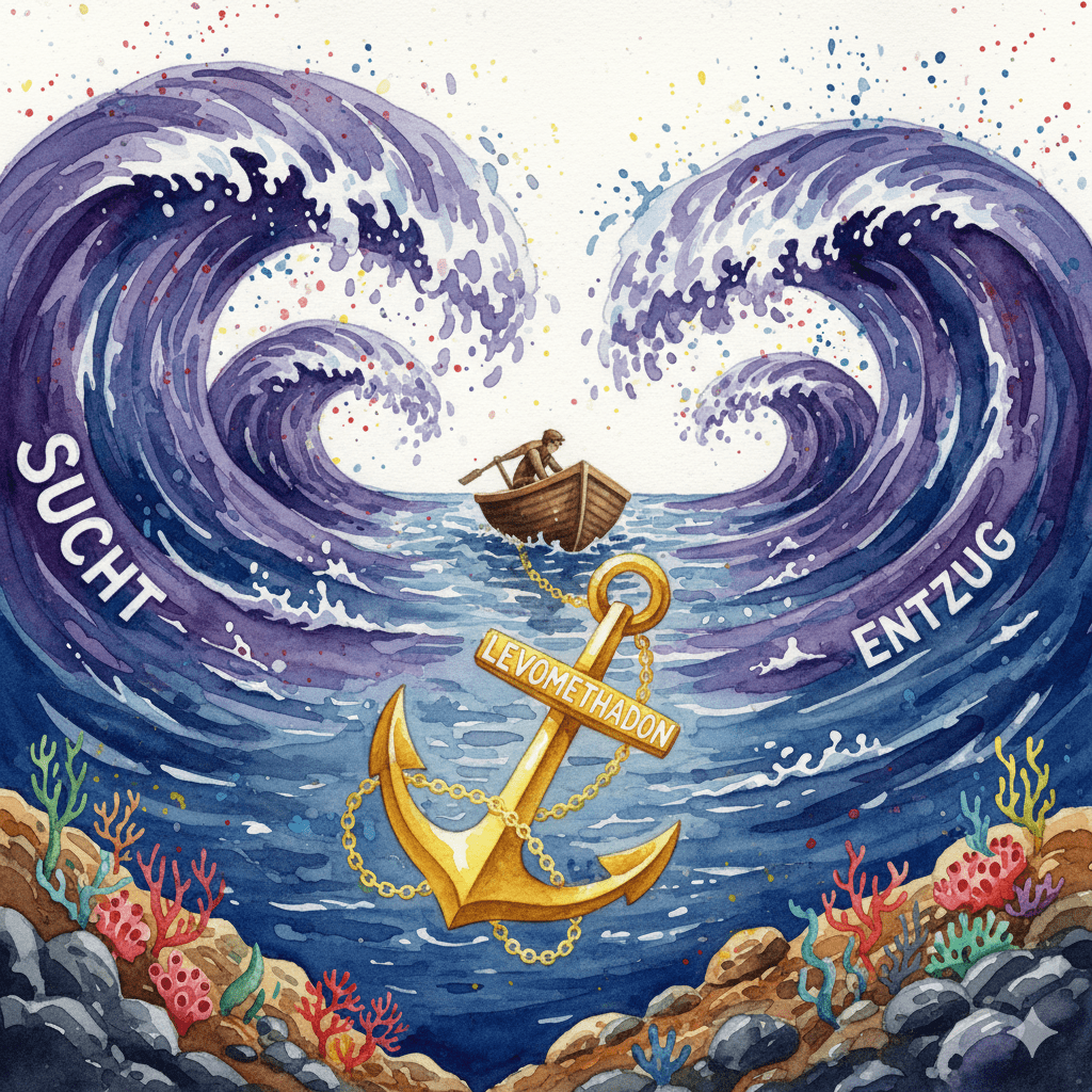 Künstlerische Darstellung der Substitutionstherapie mit Levomethadon als ein Anker, der ein Boot in einem stürmischen Meer stabilisiert.