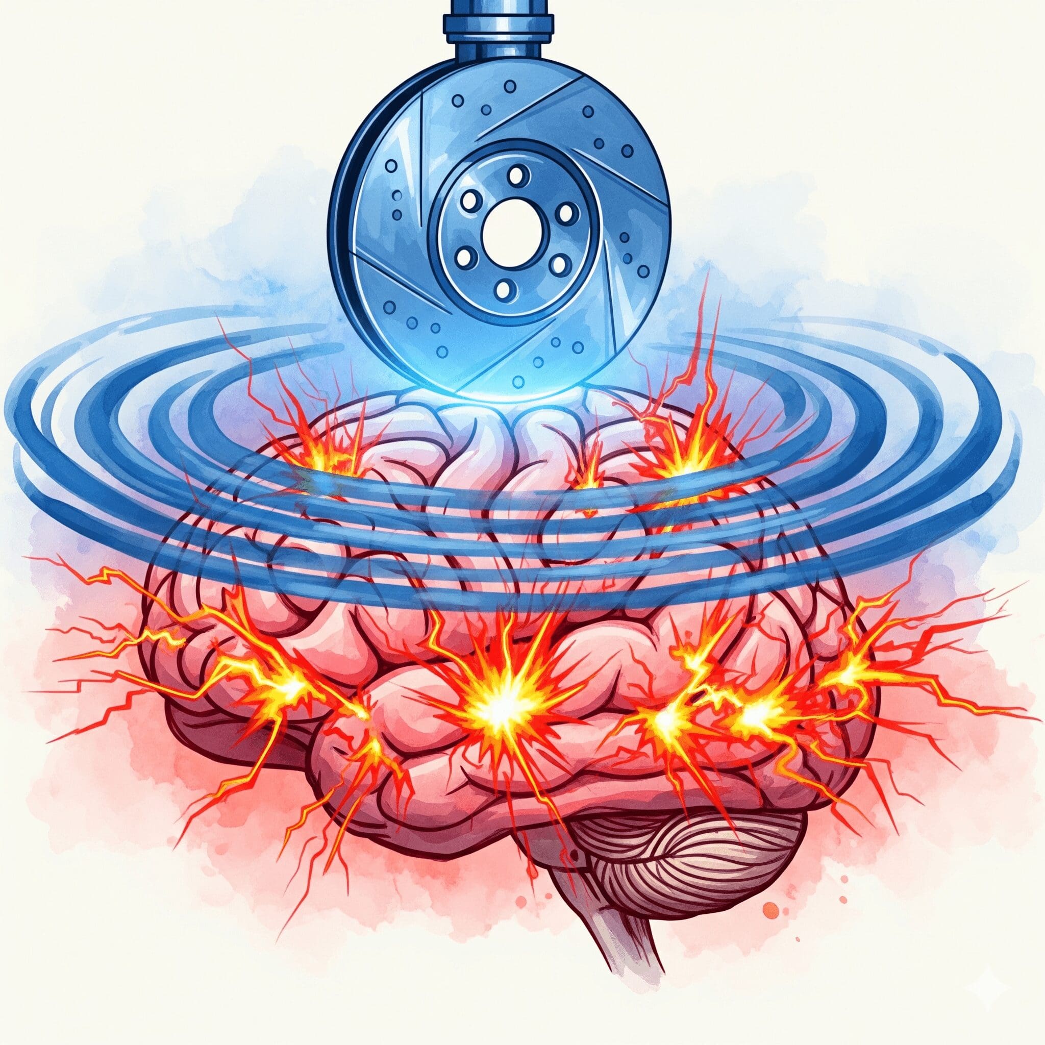 Künstlerische Darstellung der Wirkung von Lorazepam (Tavor) als "Super-Bremse" im Gehirn, die Angst und Panik stoppt.