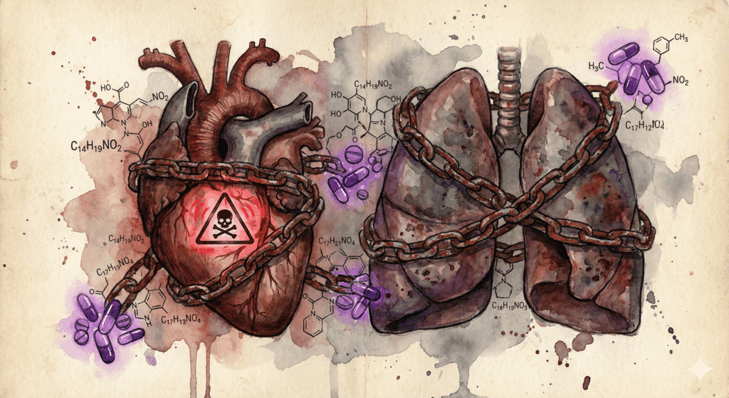 Illustration der Gefahren von Mischkonsum: Herz und Lunge in Ketten, Warnung vor Atemstillstand.