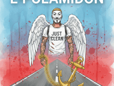 Titelbild zum Thema L-Polamidon mit der NeelixberliN-Figur (Anonymous-Maske, Engelsflügel, "Just Clean"-Shirt). Die Figur steht auf einer langen Straße und ist mit einer goldenen Kette an einen Anker gefesselt, der den "goldenen Käfig" der Substitution symbolisiert. Oben steht der Titel "L-POLAMIDON".