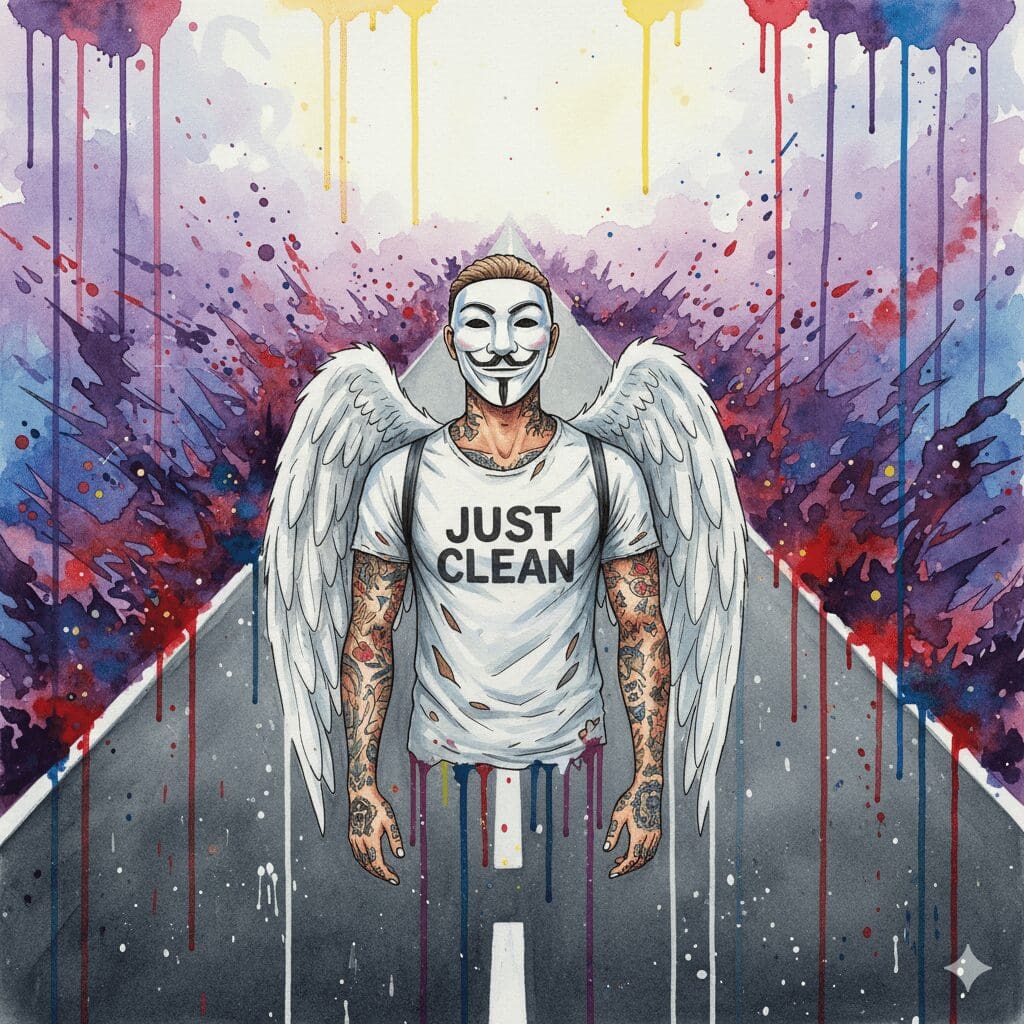 NeelixberliN-Figur steht auf einer langen, stabilen Straße (Substitution), die durch eine chaotische Landschaft (Sucht) führt.