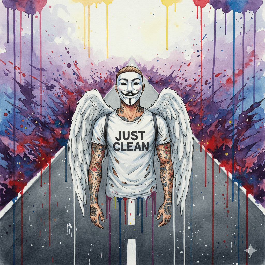 NeelixberliN-Figur steht auf einer langen, stabilen Straße (Substitution), die durch eine chaotische Landschaft (Sucht) führt.