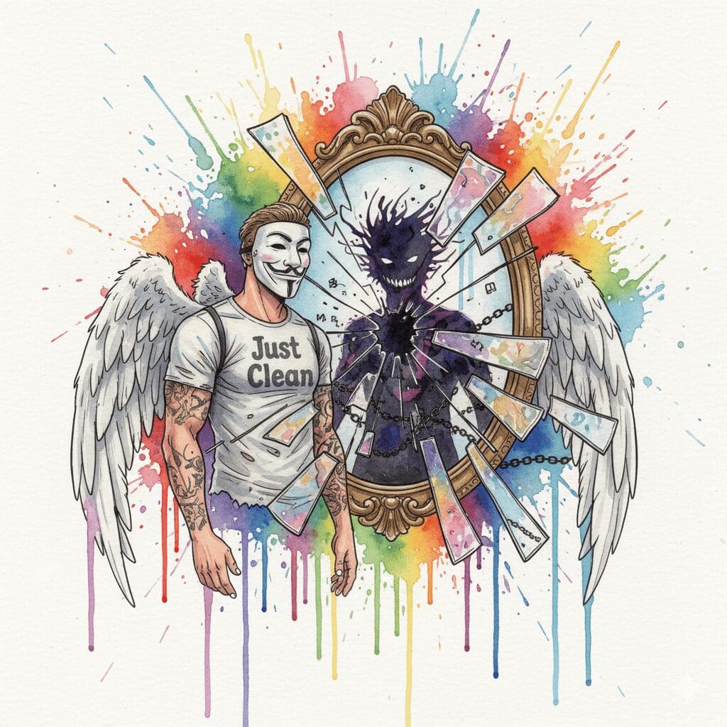 NeelixberliN-Figur blickt in einen zerbrochenen Spiegel, der eine fremde, aggressive Silhouette zeigt, was den Kontrollverlust und die Amnesie durch Rohypnol symbolisiert.