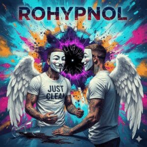 Titelbild zum Rohypnol-Artikel. Die NeelixberliN-Figur blickt in einen zerbrochenen Spiegel, dessen Spiegelbild ein schwarzes Loch ist, symbolisch für Amnesie und Kontrollverlust. Ein umgekipptes Glas mit dunkler Flüssigkeit und der Titel "ROHYPNOL" sind ebenfalls zu sehen.