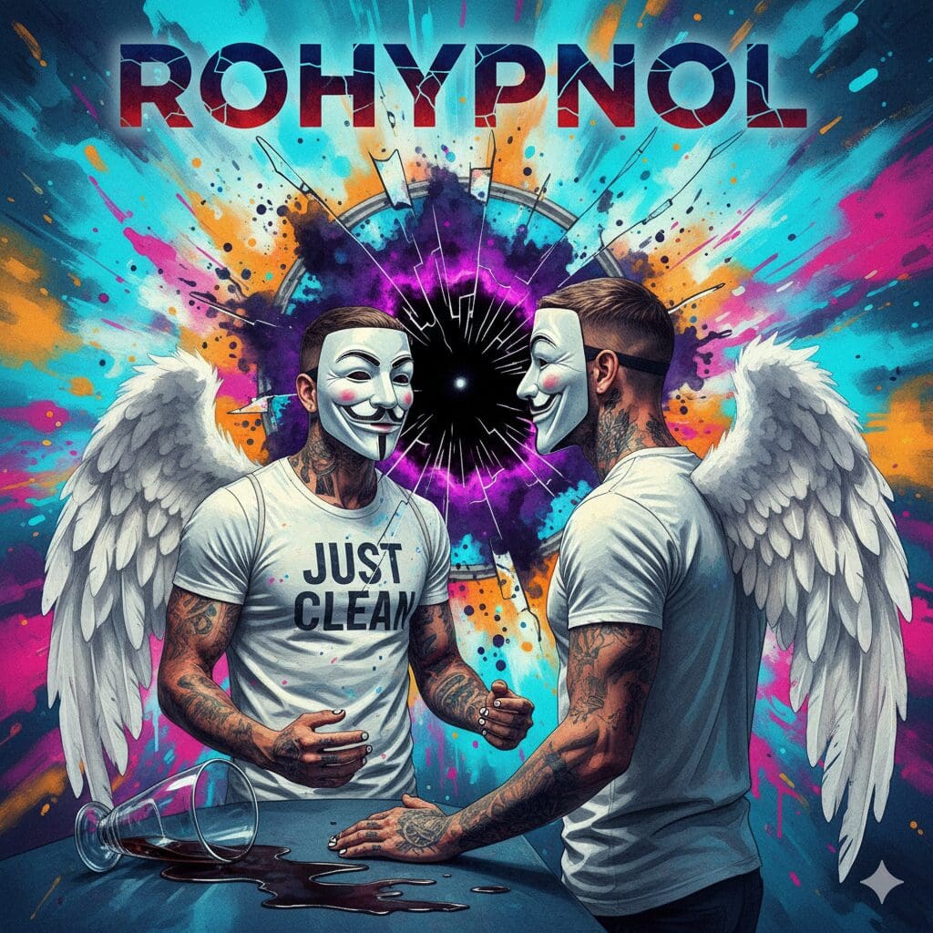 Titelbild zum Rohypnol-Artikel. Die NeelixberliN-Figur blickt in einen zerbrochenen Spiegel, dessen Spiegelbild ein schwarzes Loch ist, symbolisch für Amnesie und Kontrollverlust. Ein umgekipptes Glas mit dunkler Flüssigkeit und der Titel "ROHYPNOL" sind ebenfalls zu sehen.