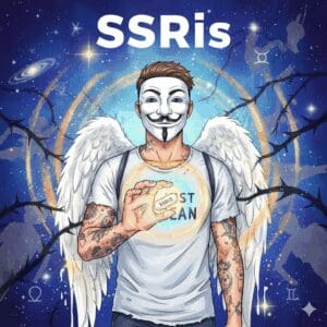 Titelbild zum Thema SSRI mit der NeelixberliN-Figur (Anonymous-Maske, Engelsflügel, "Just Clean"-Shirt). Die Figur hält eine leuchtende SSRI-Pille, die wie ein Schutzschild wirkt und dunkle Dornen (Depression) zurückdrängt. Oben steht der Titel "SSRIs".