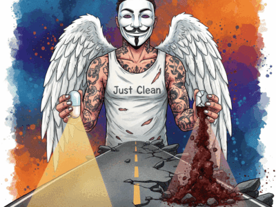 Titelbild zum Substitol-Artikel: NeelixberliN-Figur mit Anonymous-Maske und Engelsflügeln hält eine intakte Substitol-Kapsel (stabiler Weg) und eine zerbrochene Kapsel mit Pulver (gefährlicher Abgrund). Der Titel "Substitol" erscheint auf beiden Wegen.