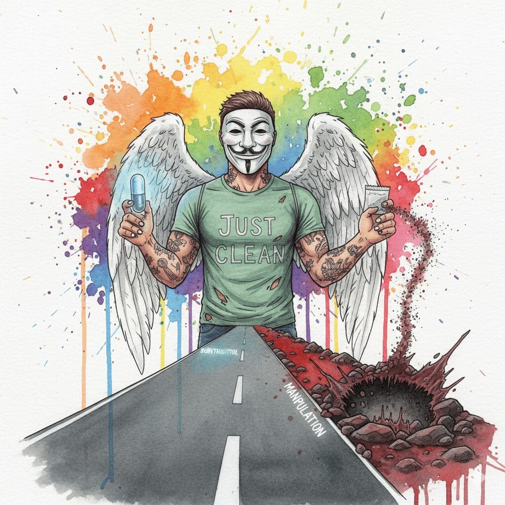 NeelixberliN-Figur steht an einer Weggabelung zwischen der stabilen Substitution und dem gefährlichen Pfad der Manipulation.