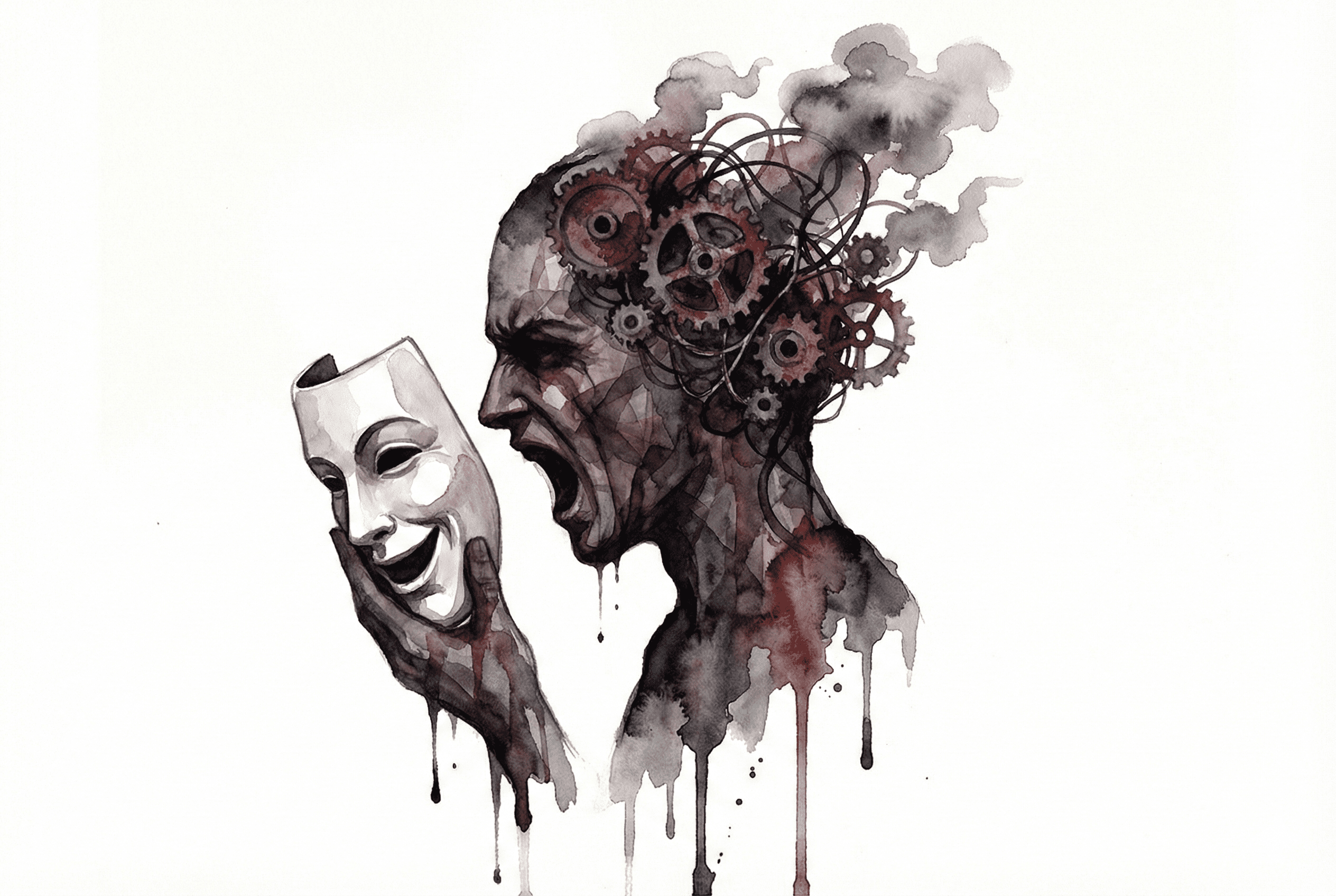 Illustration eines Suchtkranken, der eine lächelnde Maske trägt, um den inneren Schmerz und die Sucht zu verbergen.