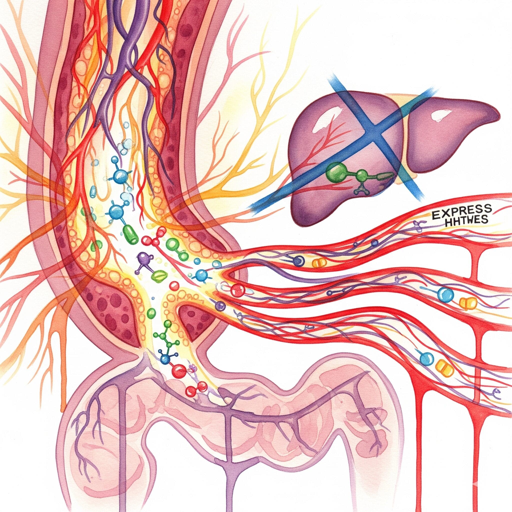 Künstlerische Darstellung der schnellen Aufnahme von Drogen über die Darmschleimhaut, die den First-Pass-Effekt der Leber umgeht.
