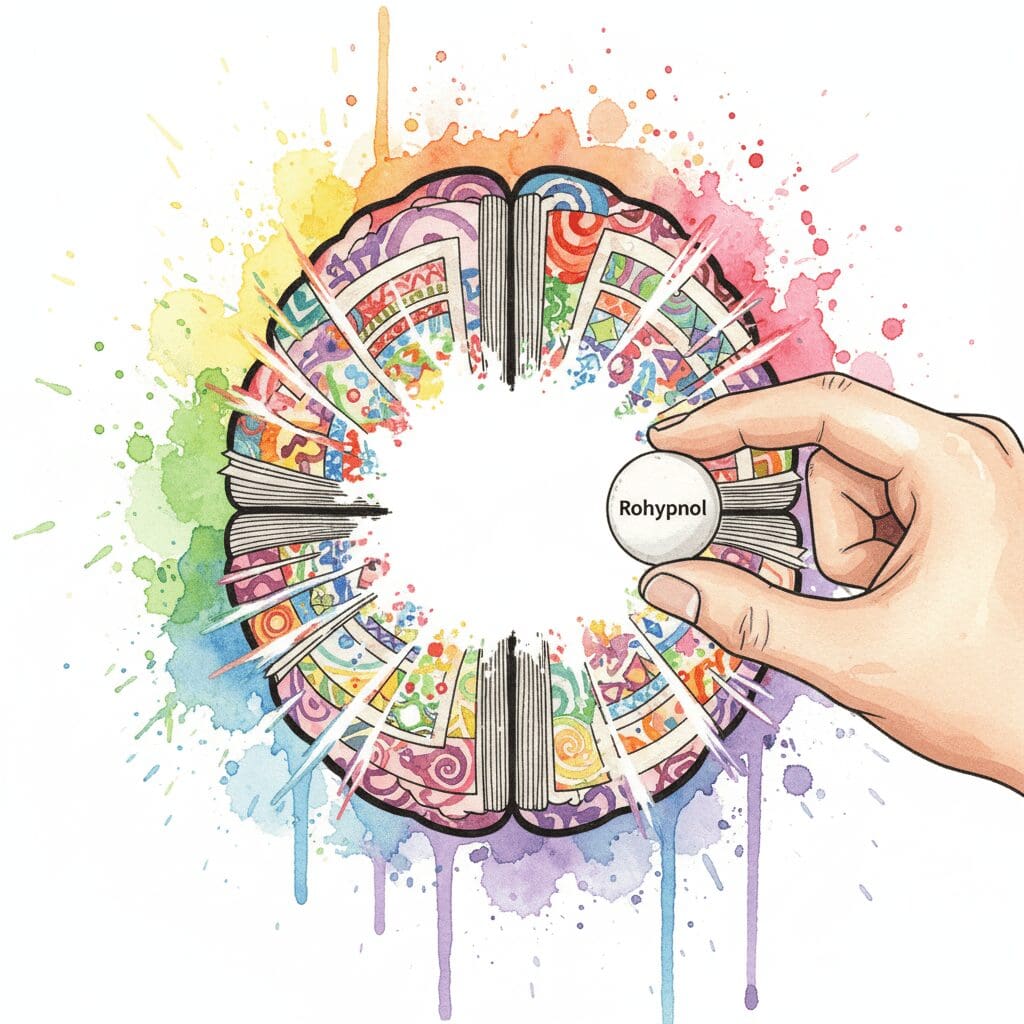 Künstlerische Darstellung der anterograden Amnesie durch Rohypnol, bei der eine Pille symbolisch die Erinnerungen im Gehirn ausradiert.